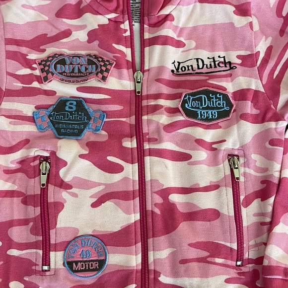 Pink camo Von Dutch zip up hoodie with patches and design on back- brand new - Picture 4 of 7